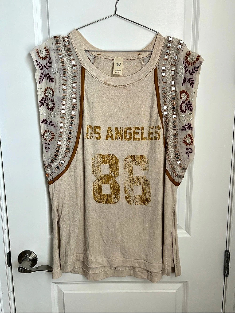 We The Free Embellished Graphic Tank in Beige & Gold Size Medium